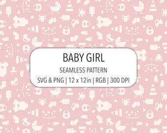 Motivo senza cuciture per baby shower, file SVG PNG, stampa su tessuto rosa chiaro per cameretta, articoli per neonati, motivo ripetuto, carta digitale per bambina