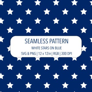 May include: A seamless pattern featuring white stars evenly spaced on a deep blue background. The design includes the text "SEAMLESS PATTERN" and "WHITE STARS ON BLUE". The pattern is 12 x 12 inches.