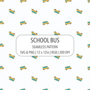 Puede incluir: Un patrón continuo con pequeños autobuses escolares amarillos sobre un fondo blanco con líneas horizontales finas. Una etiqueta rectangular blanca central muestra el texto: SCHOOL BUS SEAMLESS PATTERN SVG & PNG | 12 x 12in | RGB | 300 DPI.