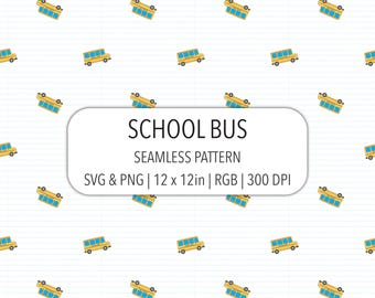 Motivo senza soluzione di continuità per scuolabus, file SVG PNG, sfondo per asilo nido, stampa su tessuto per bambini, autista di autobus, carta digitale, design per il ritorno a scuola