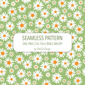 May include: A seamless pattern featuring white daisies with orange centers on a light green background. The design includes various sizes of daisies, creating a repeating floral pattern. The text "SEAMLESS PATTERN" is displayed on a white rectangular label.