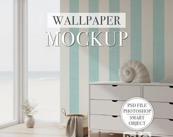 Mockup di carta da parati per soggiorno di una casa sulla spiaggia File PSD Oggetto intelligente modificabile Photoshop Photopea Mockup PNG per inserzione Etsy Shopify Parete interna