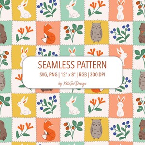 May include: A seamless pattern with a repeating design of woodland creatures and floral elements. The pattern includes rabbits, foxes, owls, and bears, along with flowers and berries. The design is 30.5 cm x 20.3 cm and is in SVG and PNG formats.