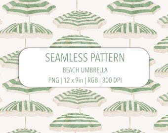Beach Umbrella Seamless Pattern PNG File Hand Drawn Watercolor Sun Parasol Sage Green On Cream White Summer Repeat Vintage Fabric Print