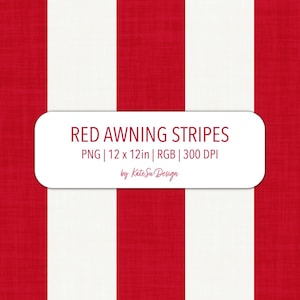 May include: Red and white striped pattern with the text "RED AWNING STRIPES" and "PNG | 12 x 12in | RGB | 300 DPI" on a white rounded rectangle. The design features vertical red stripes alternating with white stripes.