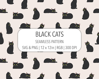 Black Cats Seamless Pattern SVG PNG Digital Paper Halloween Cat Clipart Repeating Animal Print