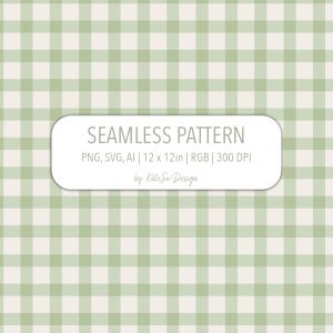 May include: A seamless pattern design with a light green and off-white gingham check. The image includes the text "SEAMLESS PATTERN" and details about the file format and dimensions: 30.48 x 30.48 cm.