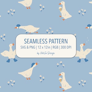 Padrão sem costura de pato e ganso desenhado à mão, ganso engraçado em tecido azul, arquivo PNG para impressão, download digital, design de Páscoa.