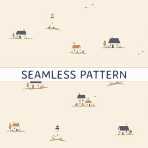 Coastal Houses Seamless Pattern PNG File Hand Drawn Beach Lighthouse Minimal Primitive Repeat Kids Fabric Print Nursery Wallpaper
