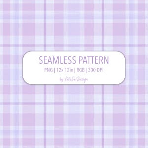 Könnte beinhalten: Nahtloses Muster in Lavendel und Weiß mit einem klassischen Karomuster. Der Entwurf enthält den Text „SEAMLESS PATTERN“ und Dateidetails, 30,48 x 30,48 cm. Geeignet für verschiedene Anwendungen.