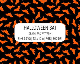 Halloween Neon Orange Bat Seamless Pattern SVG PNG Vibrant Spooky Digital Paper