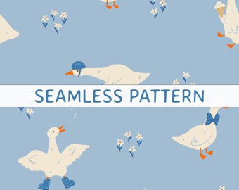 Duck Goose Seamless Pattern Hand Drawn Silly Goose on Blue surface pattern fabric Print PNG file Digital Download Easter Design