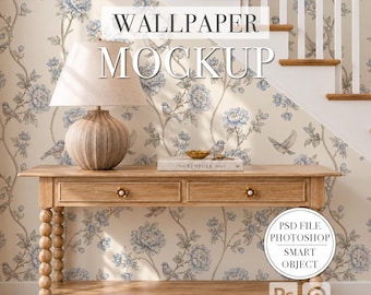 Staircase Wallpaper Mockup PSD Photoshop Smart Object Wall Mockup Warm Neutral Scandinavian Entryway White Wood Console Natural Sunlight