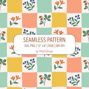 Woodland Cheater Quilt Seamless Pattern SVG PNG Fil Handritade Skogsblommor Bär Vilda Jordgubbar Pastellrutig Bakgrund Tygtryck