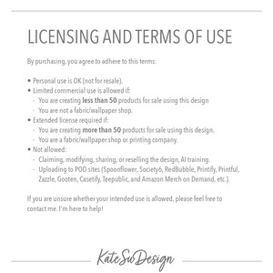 Peut inclure: Document blanc intitul&eacute; "LICENSING AND TERMS OF USE" (Licence et conditions d'utilisation). Il d&eacute;taille les conditions d'utilisation personnelle et commerciale, avec des restrictions sur la revente et les sites POD. Sign&eacute; "Kate Su Design".