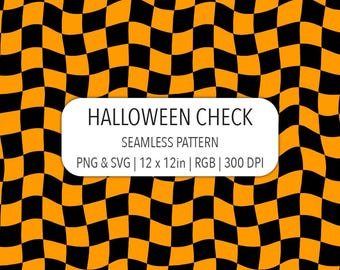 Retro 90s Halloween Wavy Check Seamless Pattern Orange Black Checkerboard