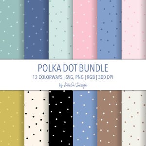 Könnte beinhalten: Eine Sammlung von zwölf Polka-Dot-Mustern in verschiedenen Farben, darunter Blau-, Rosa- und Neutraltöne. Die Muster zeigen weiße oder schwarze Punkte auf einem einfarbigen Hintergrund. Der Text "POLKA DOT BUNDLE" wird über den Mustern angezeigt.