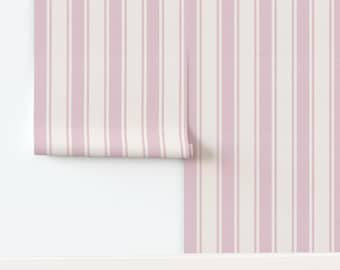 Pastel Pink Cream White Wide Ticking Stripe Wallpaper Pre Pasted Subtle Grasscloth Texture Vertical Stripe Peel and Stick Interior Wallpaper