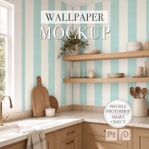 May include: A kitchen scene featuring light blue and white vertical striped wallpaper, wooden cabinets, and two floating shelves. The shelves hold a potted plant, bowls, glasses, and plates. A wooden cutting board and a white jar sit on the counter.