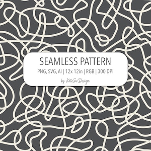 May include: Seamless pattern design featuring a dark gray background with a repeating pattern of off-white, abstract, squiggly lines. The image includes the text "SEAMLESS PATTERN" and other details about the design, such as its dimensions of 12x12 inches.