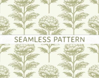 Patrón sin costuras de peonías verde salvia, fondo floral botánico PNG, descarga estética cottagecore pastel, estampado floral dibujado a mano