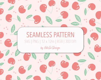 Pink Cherry Seamless Pattern SVG PNG File Playful Fabric Print Summer Cream White Background Surface Design Commercial License Berry Toss