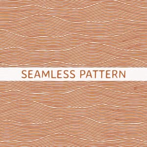 Könnte beinhalten: Ein nahtloses Muster mit terrakottafarbenem Hintergrund und sich wiederholenden weißen Wellenlinien. Ein horizontales weißes Band in der Mitte enthält den Text SEAMLESS PATTERN in terrakottafarbenen Buchstaben für ein durchgehendes Design.