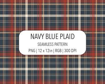 Navy Blue Plaid Seamless Pattern File Masculine Dark Blue Tartan with Red White Bands Digital Paper Fabric Print Sublimation