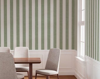 Light Sage Green Vertical Stripe Wallpaper 4 in Wide Cabana Stripe Pre Pasted Worn Texture Awning Stripe Peel and Stick Interior Wallpaper