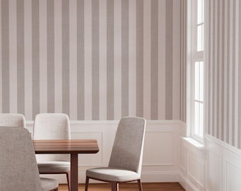 Beige White Vertical Stripe Wallpaper 4in Wide Greige Cabana Stripe Pre Pasted Worn Texture Awning Stripe Peel and Stick Interior Wallpaper