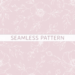 May include: A seamless pattern featuring white line art illustrations of flowers, leaves, and buds on a light pink background. A horizontal white banner across the center displays the text SEAMLESS PATTERN in light pink capital letters.