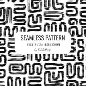 Abstract Brush Stroke Seamless Pattern PNG File Black Bent Grunge Line Art on White Modern Geometric Surface Design Commercial License