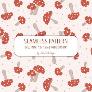 May include: Seamless pattern featuring red mushrooms with white spots and tan stems scattered across a light pink background with small gray dots. The text "SEAMLESS PATTERN" is displayed in a white rectangle.