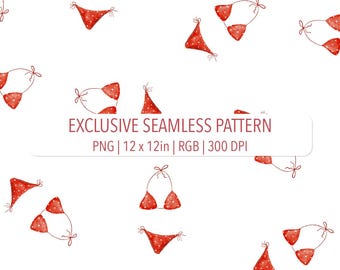 Red Bikini Toss on White Seamless Pattern Hand Drawn Watercolor Exclusive Design Worldwide Commercial License No Time Limit One Buyer Only