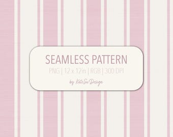 May include: A seamless pattern featuring vertical stripes in light pink and off-white. A central rectangular label displays the text: SEAMLESS PATTERN, PNG | 12 x 12in | RGB | 300 DPI, by KateSu Design.