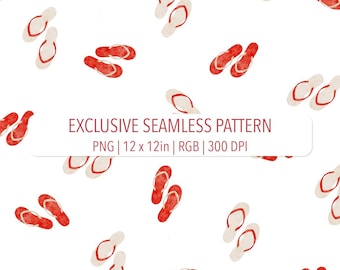 Red White Summer Beach Flip Flop on White Seamless Pattern PNG File Hand Drawn Watercolor Exclusive Design Worldwide Commercial License