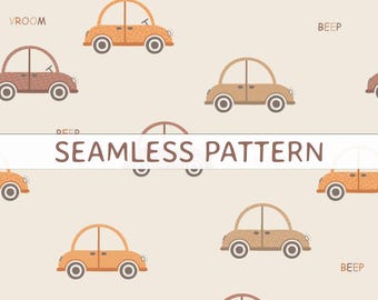 Padrão sem costura de carros retrô em arquivo PSVG NG. Estampa fofa de carro vintage para tecido. Papel de parede digital para quarto de bebê. Ideal para decoração de quarto infantil em tons neutros de bege e marrom.
