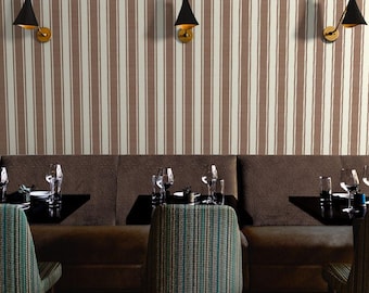 Mocha Brown Cream White Wide Ticking Stripe Wallpaper Pre Pasted Subtle Grasscloth Texture Vertical Stripe Peel and Stick Interior Wallpaper