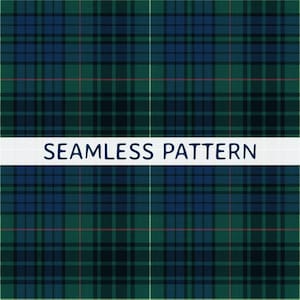Puede incluir: Un patrón de tartán sin costuras que presenta una cuadrícula de líneas entrecruzadas de color verde oscuro, azul marino y negro con finos acentos rojos. Una banda horizontal blanca en el centro muestra el texto azul oscuro SEAMLESS PATTERN.