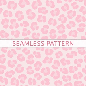 Può includere: Un motivo ripetitivo senza cuciture con macchie di leopardo rosa tenue su uno sfondo rosa pallido più chiaro. Un banner bianco orizzontale al centro contiene il testo SEAMLESS PATTERN in un carattere rosa semplice, pulito e lineare.
