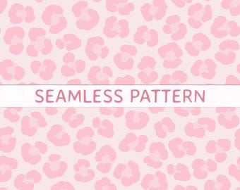 May include: A seamless pattern featuring a repeating leopard print design in shades of light pink and soft pastel pink. A horizontal white banner across the center displays the text SEAMLESS PATTERN in a simple, clean, pink sans-serif font.