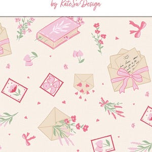 Peut inclure: Motif sans couture avec des livres roses, des enveloppes, des timbres, des n&oelig;uds et des &eacute;l&eacute;ments floraux sur fond cr&egrave;me. Le motif comprend le texte "Love you" sur une enveloppe. Le motif mesure 30,48 cm x 30,48 cm.