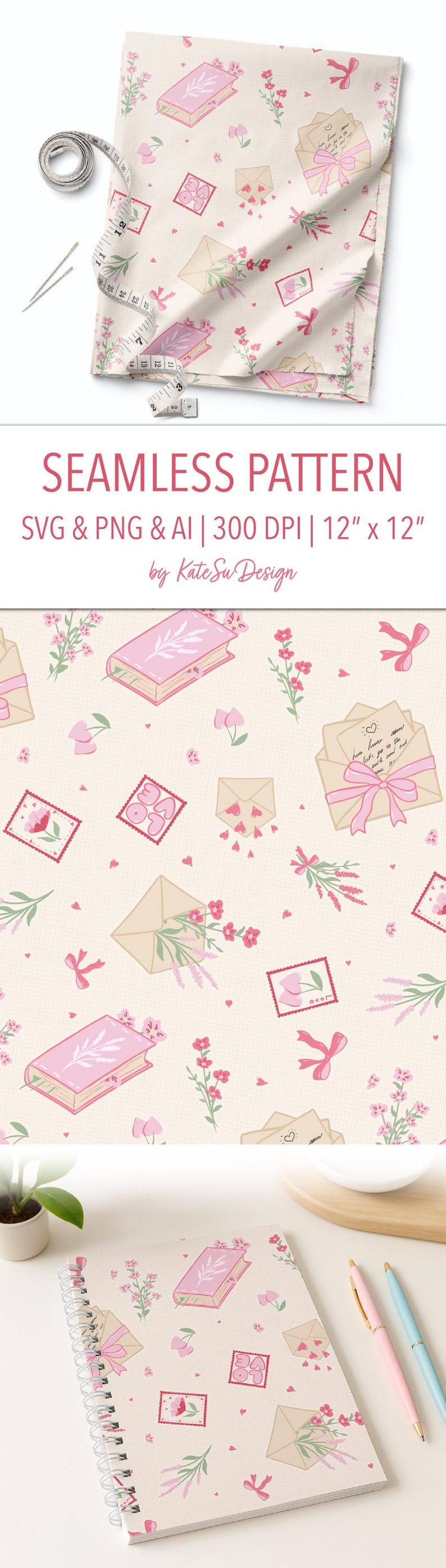 Peut inclure: Motif sans couture avec des livres roses, des enveloppes, des timbres, des n&oelig;uds et des &eacute;l&eacute;ments floraux sur fond cr&egrave;me. Le motif comprend le texte "Love you" sur une enveloppe. Le motif mesure 30,48 cm x 30,48 cm.