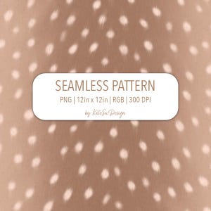 Op de afbeelding: Een naadloos patroonontwerp met een bruinachtige achtergrond en witte stippen. De afbeelding bevat de tekst "SEAMLESS PATTERN" en details: PNG, 30.48 cm x 30.48 cm, RGB, 300 DPI, en de naam van de ontwerper.