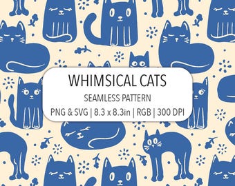 Whimsical Cats Seamless Pattern SVG PNG File Block Print Cat Digital Paper Childish Fabric Print Cute Pet Sublimation Design