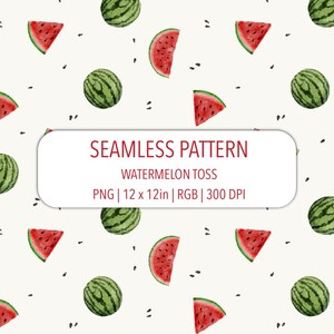 May include: A seamless pattern design featuring watercolor illustrations of watermelons. The design includes whole watermelons, watermelon slices, and watermelon wedges, along with scattered black seeds, all set against a white background. The image text reads "SEAMLESS PATTERN WATERMELON TOSS PNG | 12 x 12in | RGB | 300 DPI".