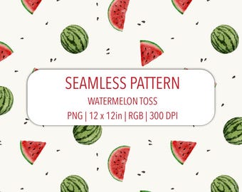 Watermelon Toss Seamless Pattern PNG File Hand Drawn Watercolor Red Green Melon Slice Summer Fruit Repeat Pattern Childish Kids Fabric Print