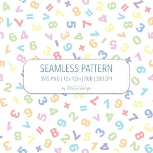 May include: A seamless pattern design with a white background, covered in pastel-coloured numbers and mathematical symbols. The design includes the text "SEAMLESS PATTERN". The numbers are in various pastel colours.