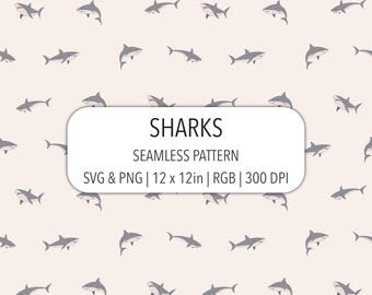 Motivo senza soluzione di continuità con squalo, file SVG PNG 300 DPI, bianco sporco, carta digitale, ragazzo, stampa su tessuto, vettore, animale marino, design disegnato a mano, sfondo