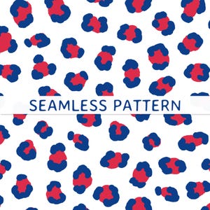 May include: A seamless pattern featuring a white background with scattered, irregular leopard-style spots in red and dark blue. A horizontal white banner across the center displays the text SEAMLESS PATTERN in dark blue capital letters.